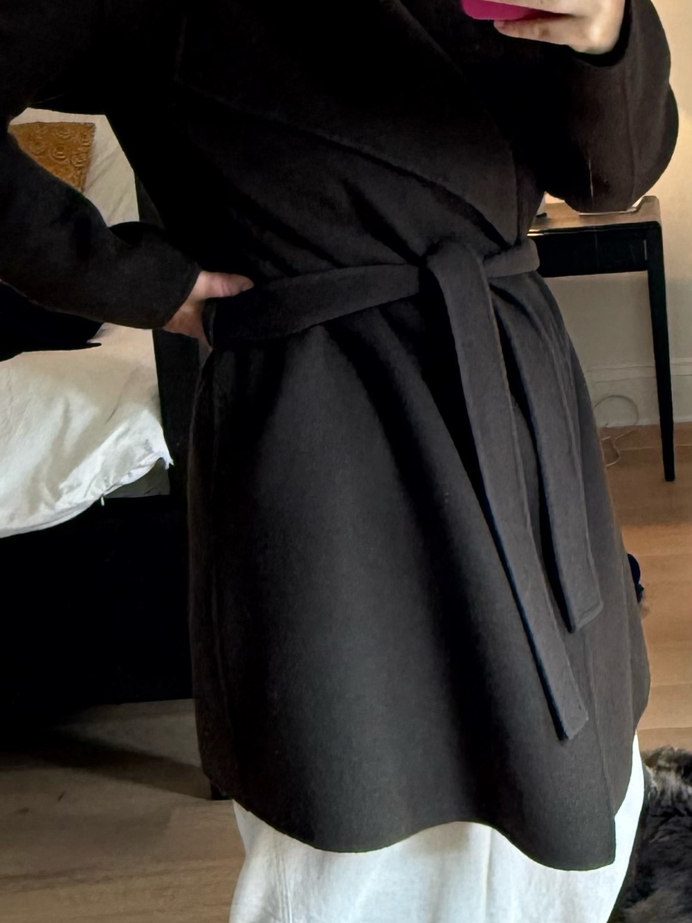 Joseph Deep Brown Wrap Midi Coat with Self Tie Belt. Wool and Cashmere